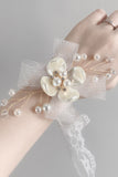 Elegante weiße Keramik Blume Mesh Handgelenk Corsage mit Spitzenband