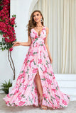 Rosa Blumendruck Plissee-A-Linie Langes Ballkleid mit Schlitz