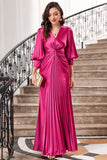 Fuchsia Plisseefarbenes langes Ballkleid mit Laternenärmeln