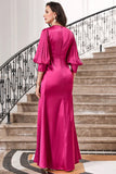 Fuchsia Plisseefarbenes langes Ballkleid mit Laternenärmeln