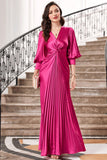 Fuchsia Plisseefarbenes langes Ballkleid mit Laternenärmeln