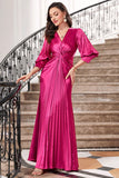 Fuchsia Plisseefarbenes langes Ballkleid mit Laternenärmeln