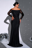 Schwarzes ausgeschnittenes Mermaid Off the Shoulder Applikationen Langärmeliges Ballkleid mit Schlitz