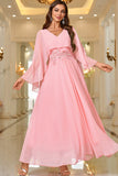 Elegantes langes formelles Kleid in rosa A-Linie mit V-Ausschnitt und Schalärmeln