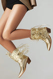 Goldene Western-Cowgirl-Stiefel mit kleinem Absatz und goldenem Tiefabsatz