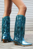 Damen Blaue Fransen Metallic-Stiefel mit spitzer Zehenpartie und kleinem Absatz in mittlerer Wade