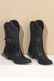 Retro Schwarze Fransen Gürtelschnalle Chunky Low Heel Cowgirl Boots