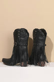 Retro Schwarze Fransen Gürtelschnalle Chunky Low Heel Cowgirl Boots