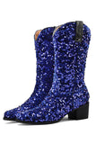 Glitzernde schwarze mittelgroße Pailletten mit Snip Toe Chunky Heeled Boots