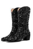 Glitzernde schwarze mittelgroße Pailletten mit Snip Toe Chunky Heeled Boots