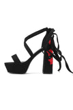 Damen Schwarze Stickerei Riemchen Chunky Heel Offene Zehe Sandalen Schuhe