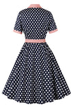 Schwarzes rosa Polka Dot Pinup Kleid aus den 1950er Jahren