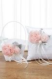 Weißes Hochzeitskorb- und Kissenset mit rosa Blume