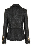 Schwarze Tweed gekerbtes Revers Damen Jacke mit Gürtel