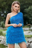 Funkelndes blaues Homecoming-Kleid mit Paillettenfedern und One-Shoulder-Ärmeln