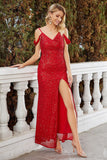 Glitzerndes rotes Pailletten-Abendkleid mit kalten Schultern und Schlitz