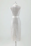 Champagner Glitzerndes Festtags-Partykleid mit V-Ausschnitt und Teelänge mit Schleife