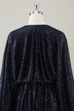Glitzerndes marineblaues kurzes A-Linien-Festtags-Partykleid mit langen Ärmeln