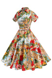 Flower A Line bedrucktes Vintage-Kleid aus den 1950er Jahren