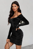 Schwarzes langärmeliges Bodycon-Partykleid aus schwarzem Samt