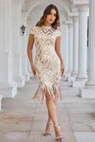 Glitzerndes champagnerfarbenes kurzes Partykleid mit hohem Ausschnitt und Quasten