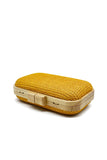 Gelbe handgemachte Clutch aus Holz