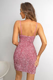 Glitzerndes rosa enges Pailletten-Spaghettiträger-Homecoming-Kleid mit Schlitz