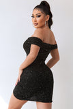 Schwarzes, schulterfreies, schulterfreies, körperbetontes Bodycon-Cocktailkleid mit Perlen