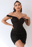 Schwarzes, schulterfreies, schulterfreies, körperbetontes Bodycon-Cocktailkleid mit Perlen