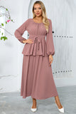 Langes Partykleid aus gestuftem Chiffon in Dusty Rose A-Linie mit langen Ärmeln