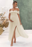 Apricot A Line Off the Shoulder Umstands-Brautjungfernkleid mit Schlitz