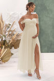 Apricot A Line Off the Shoulder Umstands-Brautjungfernkleid mit Schlitz