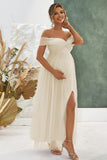 Apricot A Line Off the Shoulder Umstands-Brautjungfernkleid mit Schlitz