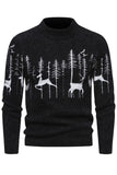 Schwarzer Slim-Fit-Herrenpullover mit Rundhalsausschnitt und Weihnachts-Hirsch-Print