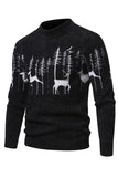 Schwarzer Slim-Fit-Herrenpullover mit Rundhalsausschnitt und Weihnachts-Hirsch-Print