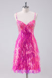 Sparkly Hot Pink A Linie Spaghettiträger Fransen Pailletten Homecoming Kleid