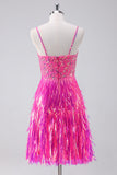 Sparkly Hot Pink A Linie Spaghettiträger Fransen Pailletten Homecoming Kleid