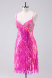 Sparkly Hot Pink A Linie Spaghettiträger Fransen Pailletten Homecoming Kleid