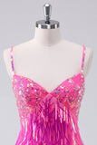 Sparkly Hot Pink A Linie Spaghettiträger Fransen Pailletten Homecoming Kleid