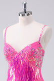 Sparkly Hot Pink A Linie Spaghettiträger Fransen Pailletten Homecoming Kleid