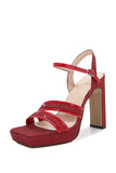 Damen High Heel Sandalen Offene Zehenpartie Rouge Pailletten Pumps mit dickem Absatz