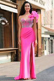 Meerjungfrau Fuchsia One Shoulder Abnehmbare Rüschen Langes Ballkleid mit Schlitz