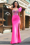 Meerjungfrau Fuchsia One Shoulder Abnehmbare Rüschen Langes Ballkleid mit Schlitz