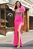 Meerjungfrau Fuchsia One Shoulder Abnehmbare Rüschen Langes Ballkleid mit Schlitz