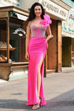 Meerjungfrau Fuchsia One Shoulder Abnehmbare Rüschen Langes Ballkleid mit Schlitz