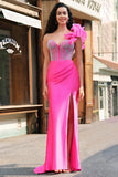 Meerjungfrau Fuchsia One Shoulder Abnehmbare Rüschen Langes Ballkleid mit Schlitz