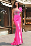 Meerjungfrau Fuchsia One Shoulder Abnehmbare Rüschen Langes Ballkleid mit Schlitz