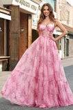 Blush Floral A Line Spaghettiträger Plissee-Korsett-Ballkleid