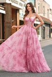 Blush Floral A Line Spaghettiträger Plissee-Korsett-Ballkleid