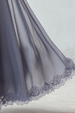 Staubblaues Brautjungfernkleid aus Chiffon-Spitze in A-Linie mit kurzen Ärmeln